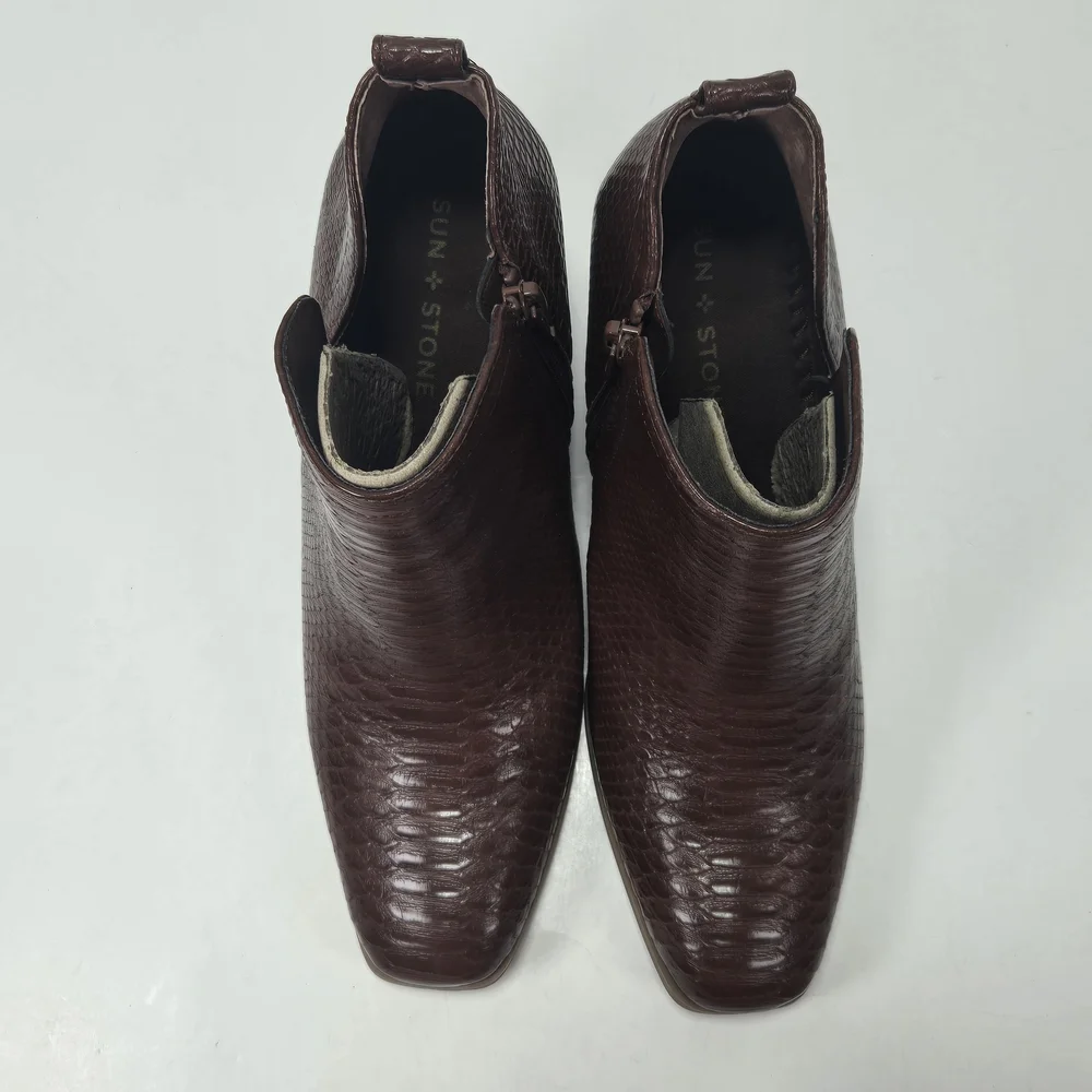 Sun + Stone Pollyy Walnut Textured Snake Skin Animal Print Ankle Booties Size 9
